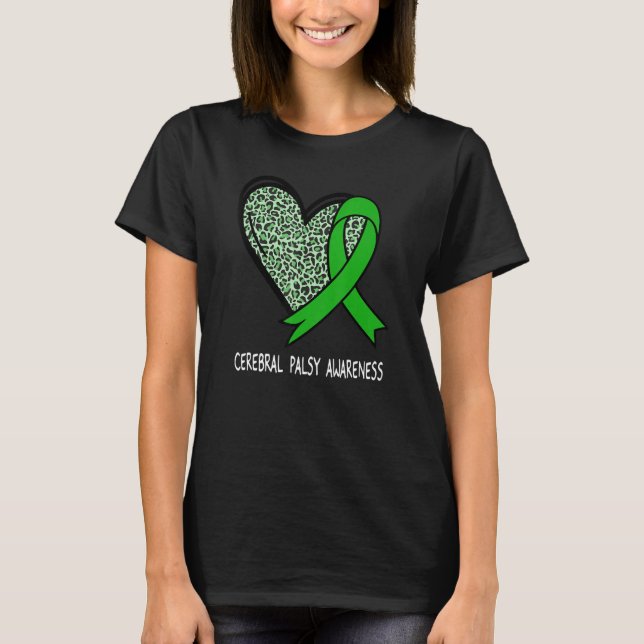 Camiseta Leopard Heart Cerebral Palsy Awareness Green Ribbo (Frente)