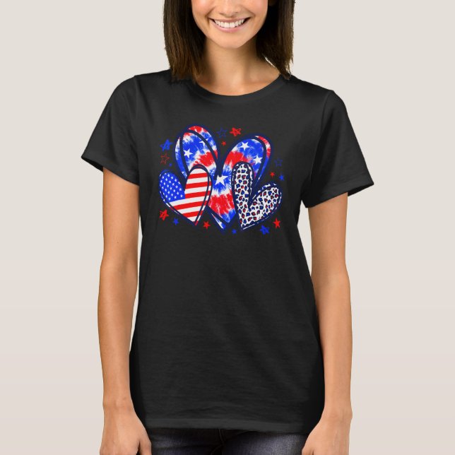 Camiseta Leopard Heart Red White Blue American Flag 4th Of (Frente)