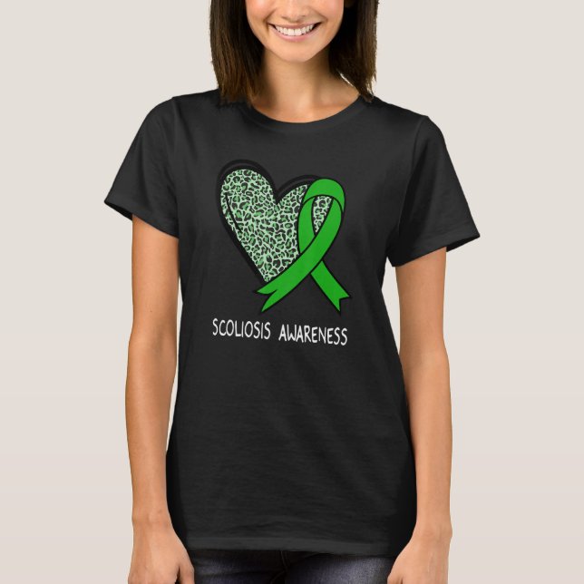 Camiseta Leopard Heart Scoliosis Awareness Green Ribbon (Frente)