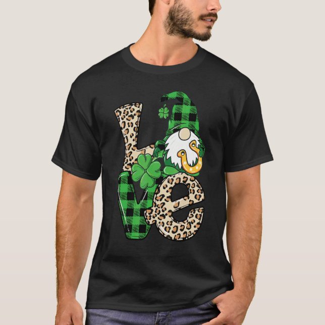 Camiseta Leopard Love Gnome Lucky Shamrock Dia de São Patrí (Frente)
