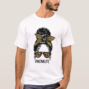 Camiseta Leopard Mensagem Bun Black Women Mãe Vida