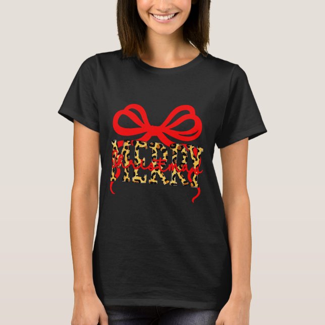 Camiseta Leopard Merry Christmas Coquette Bow Xmas Holiday  (Frente)