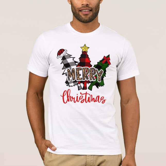 Camiseta Leopard Merry Christmas Tree Buffalo Plaid (Frente)