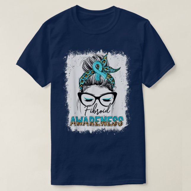 Camiseta Leopard Messy Bun Fibroid Awareness Teal Ribbon  (Frente do Design)