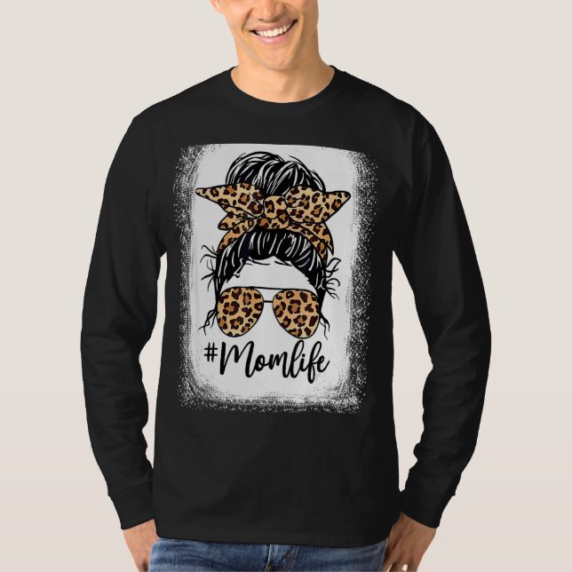 Camiseta Leopard Messy Bun Hair Óculos Mãe Vida Mãe D (Frente)