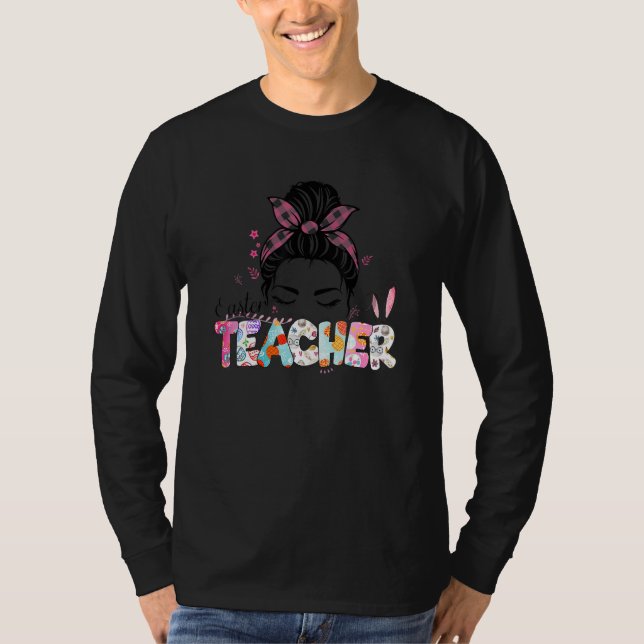 Camiseta Leopard Messy Bun One Hoppy Sped Teacher Bunny Eas (Frente)
