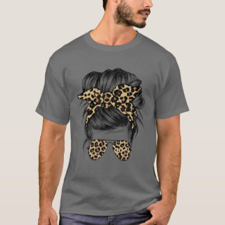 Camiseta Leopard Mom Messy Bun Hair Sunglasses Headband Wom