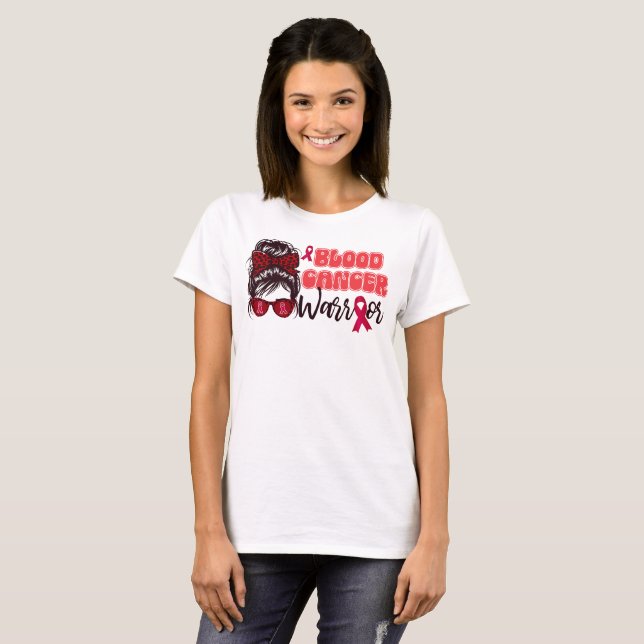 Camiseta Leopard Mulheres Cancer de Sangue Fita Vermelha (Frente Completa)