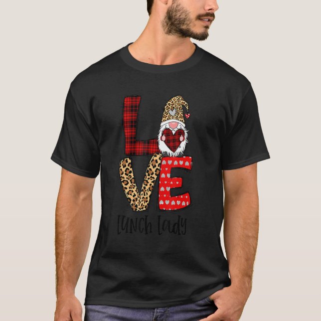 Camiseta Leopard Plaid Gnome Heart LOVE Lunch Lady Valentin (Frente)