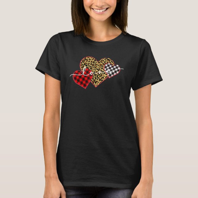 Camiseta Leopard Print Buffalo Plaid Love Valentines Day He (Frente)