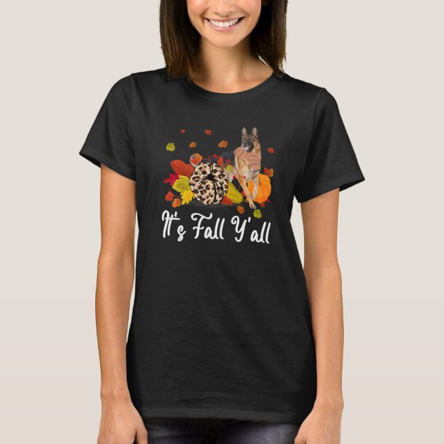 Camiseta Leopard Pumpkin It's Fall Y'all Yellow German Shep (Frente)
