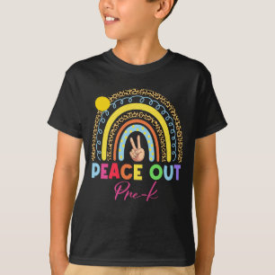Camiseta Leopard Rainbow Peace Out Pre-K Último Dia Da Esco
