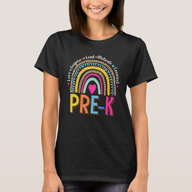 Camiseta Leopard Rainbow Pre K Professor De Volta À Escola  (Frente)