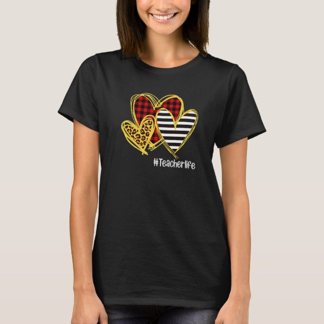 Camiseta Leopard Red Plaid Striped Hearts Teacher Life Vale (Frente)
