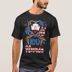Camiseta Leopard Sunflower Icu Enfermeira Americana Bandeir