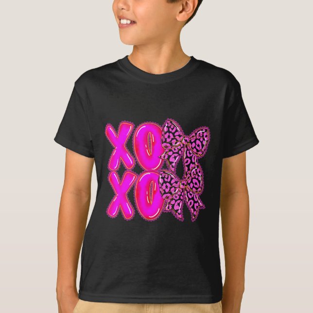 Camiseta Leopard Xoxo Coquette Bow Hearts Valentine's Day W (Frente)