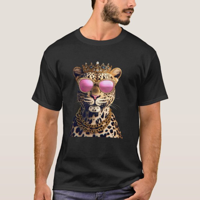 Camiseta Leopardo Com Coroa E Óculos De Sol Rosa (Frente)