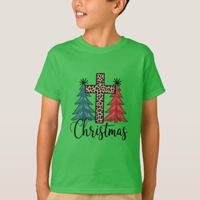 Camiseta Leopardo Cruz Árvores de Natal Cristão  (Frente)