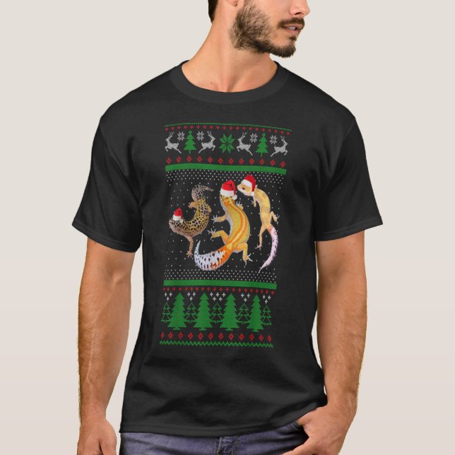 Camiseta Leopardo de Natal Feio Gecko Santa Hat Luzes Xmas (Frente)
