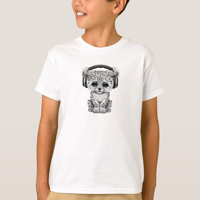 Camiseta Leopardo de neve bonito Cub DJ que veste fones de (Frente)