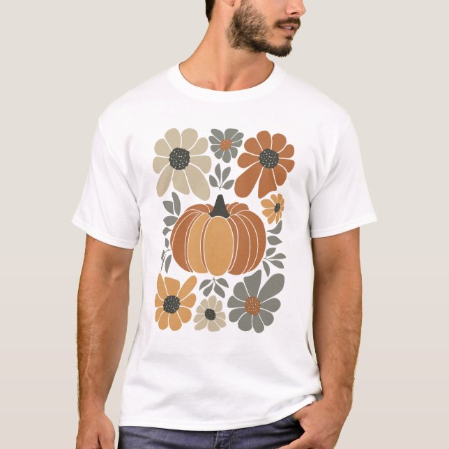 Camiseta Leopardo Pumpkin Flor Retro Queda Retro Autumn Vib (Frente)