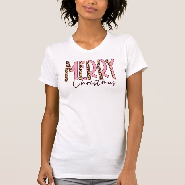 Camiseta Leopardo Rosa Feliz Natal Mulheres (Frente)