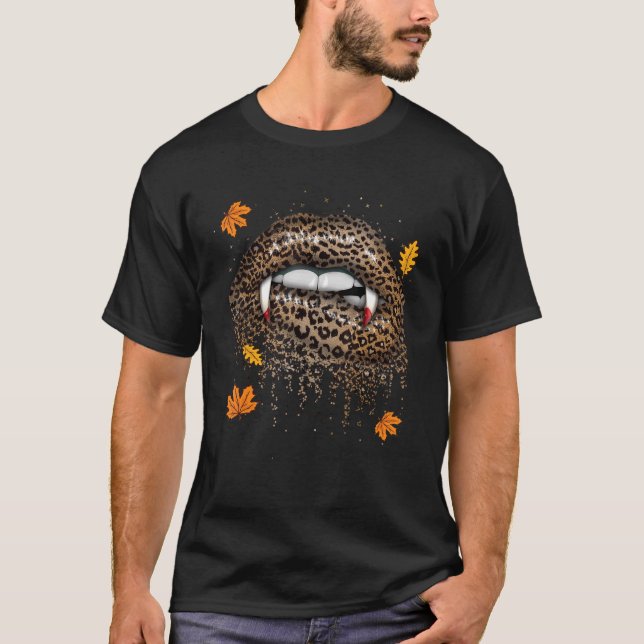 Camiseta Leopardo Vampiro Lábios Cheetah Impressão Hallowee (Frente)