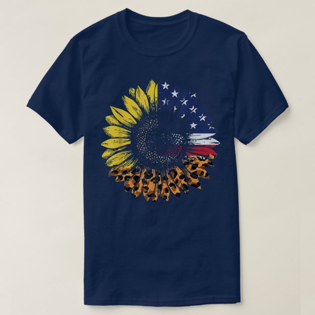 Camiseta Lepard Sunflower American Flag 4° de julho Pat (Frente do Design)