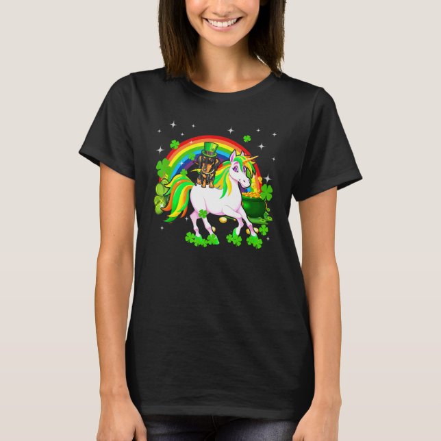 Camiseta Leprechaun Dachshund Riding Unicorn Happy Rua Patr (Frente)