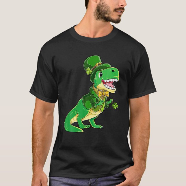 Camiseta Leprechaun Dinosaur Tuxedo E Shamrock Para Rua Pat (Frente)