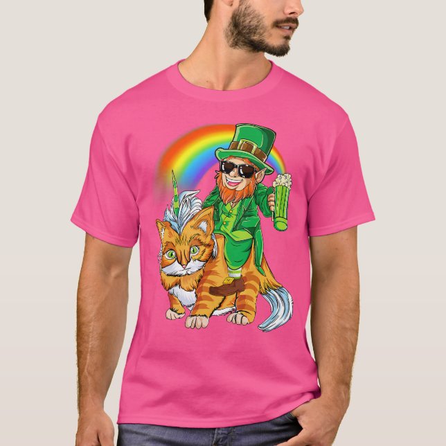 Camiseta Leprechaun Riding Caticorn Unicorn Cat Rua Patrick (Frente)