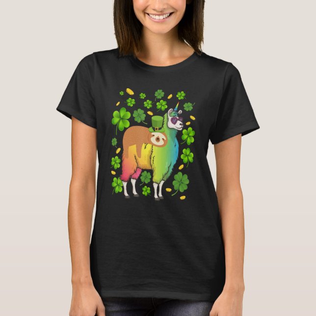 Camiseta Leprechaun Sloth Riding Llama Unicorn St Patricks  (Frente)