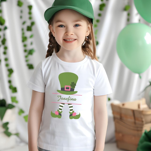 Camiseta Leprechaun Verde e Rosa Personalizado para Meninas (Personalized Green and Pink Leprechaun for Girls T-Shirt)