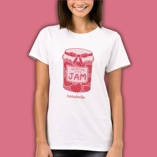 Camiseta Ler é meu amante de livros de geleia (Custom t-shirt for book lovers with strawberry jam jar Reading is My Jam and personalized text)