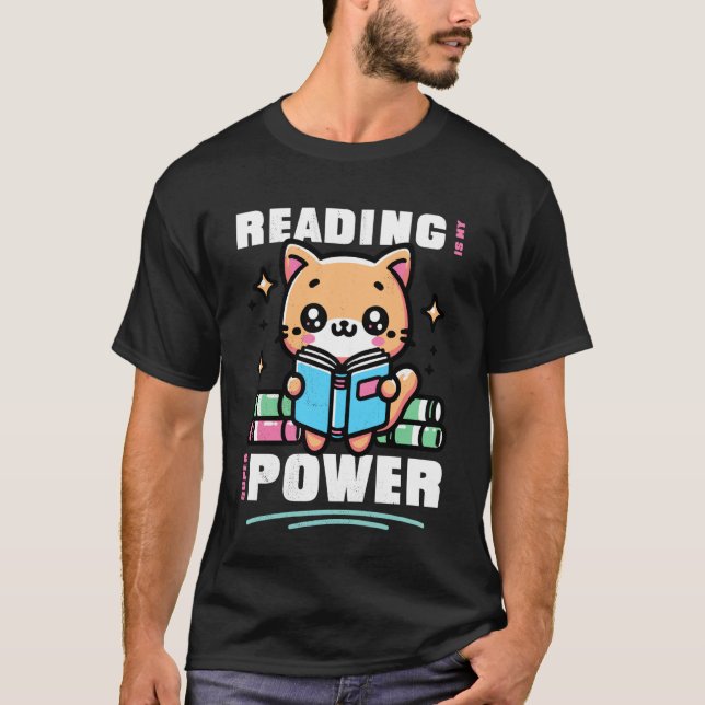 Camiseta Ler é meu superpoder. Gato fofo e livros. (Frente)