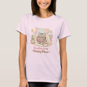 Camiseta Ler é o Meu Lugar Feliz Gatinho Fofinho Rosa