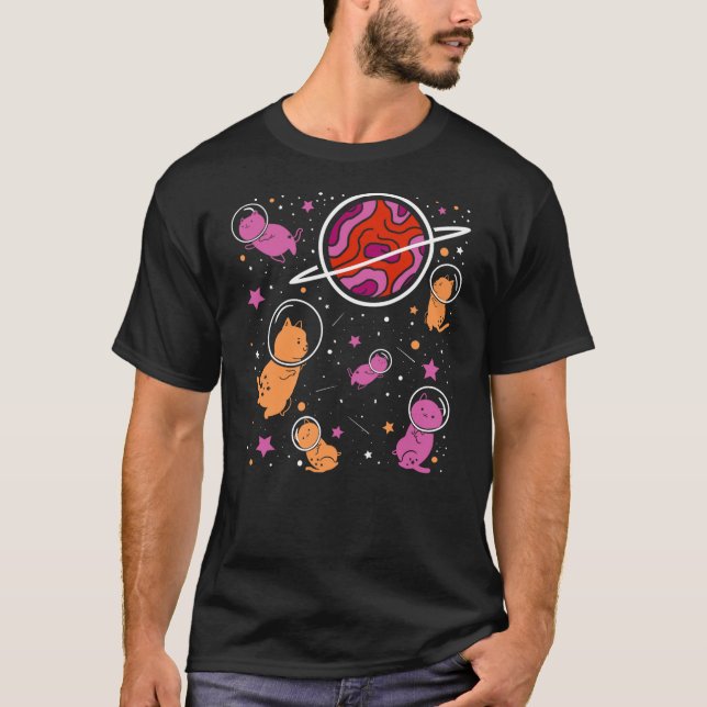 Camiseta Lesbian Cat in Space Orange Pink Lesbian Pride (Frente)