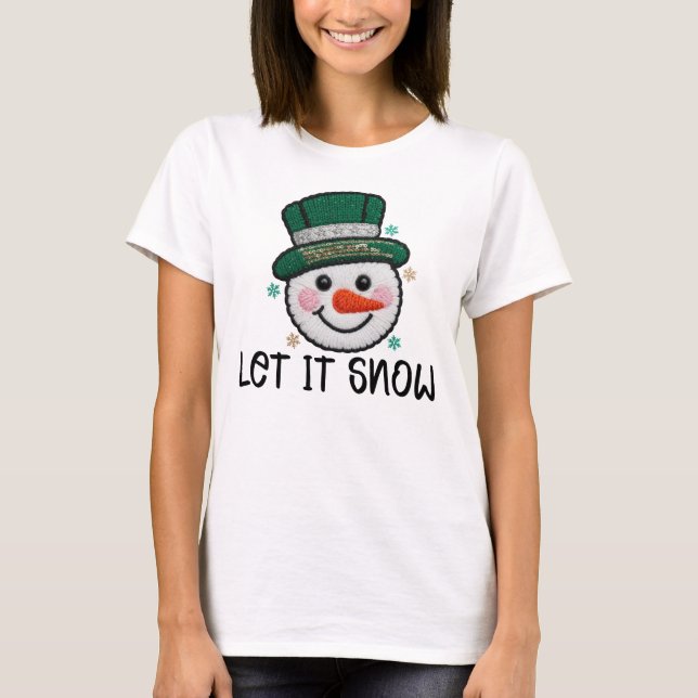 Camiseta Let It Snow, Faux Crochet Snowman (Frente)