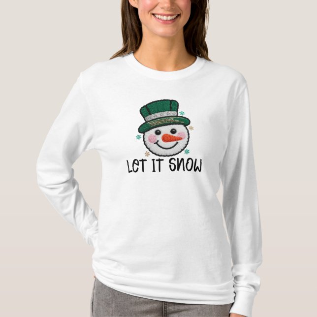 Camiseta Let It Snow, Faux Crochet Snowman (Frente)