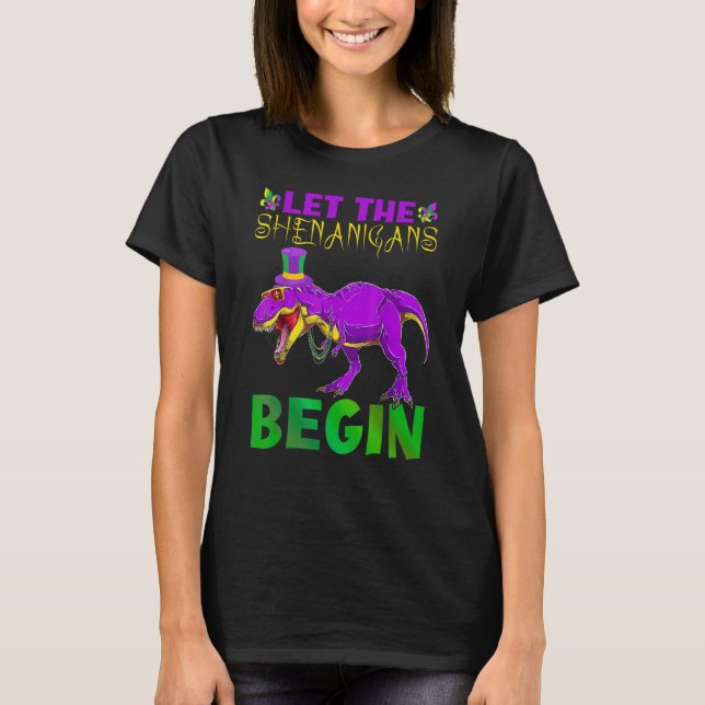 Camiseta Let The Shenanigans Begin Mardi Gras Dinosaur Kids (Frente)