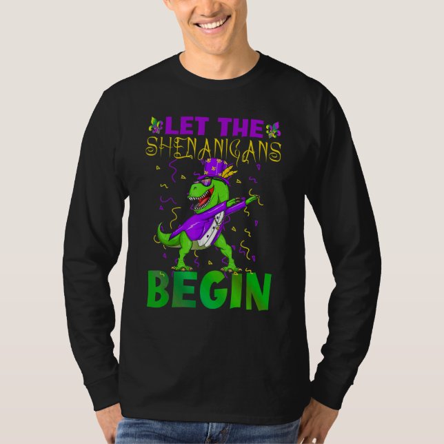 Camiseta Let The Shenanigans Begin Mardi Gras Dinosaur Kids (Frente)