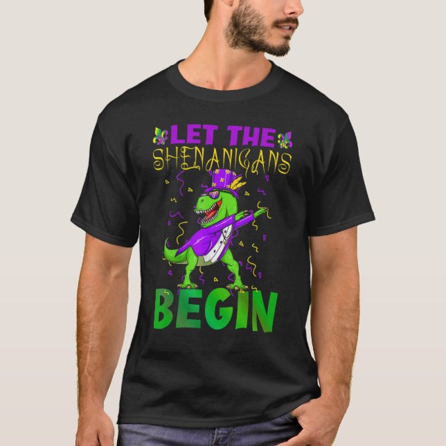 Camiseta Let The Shenanigans Begin Mardi Gras Dinosaur Kids (Frente)