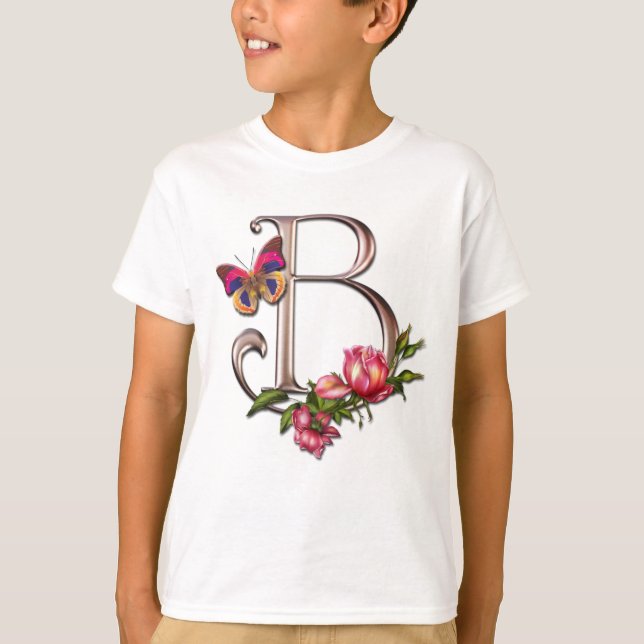 CAMISETA LETRA B DO MONOGRAMA COM ROSAS E BORBOLETA (Frente)
