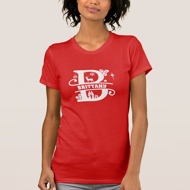 Camiseta Letra B Monograma de Natal Nome Inicial Vermelho (Frente)