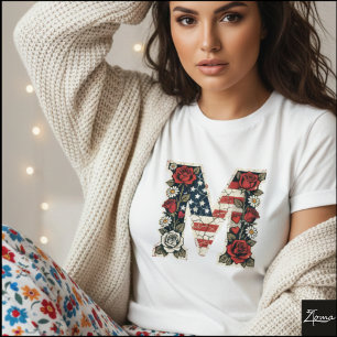 Camiseta Letra Bandeira M Rosas Margaridas Monograma