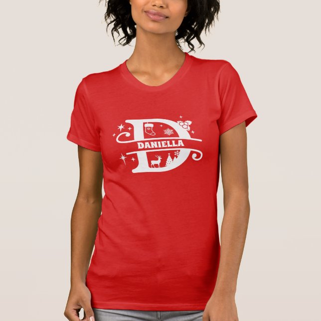 Camiseta Letra D Natal Monograma Nome inicial Vermelho (Frente)