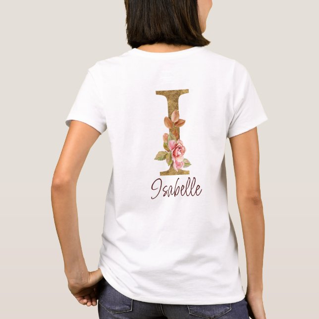 Camiseta Letra de Nome Personalizado I Folha Dourada Rosas  (Verso)