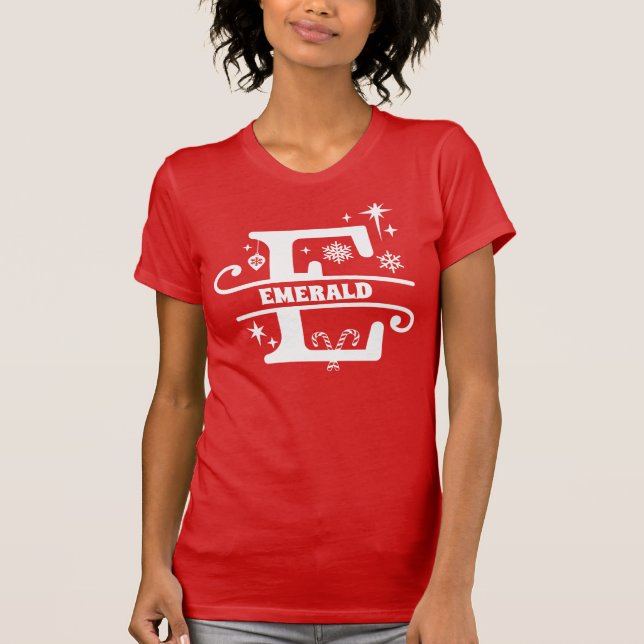 Camiseta Letra E Monograma de Natal Nome Inicial Vermelho (Frente)