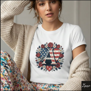 Camiseta Letra Floral Patriótica Um Desenho de Grinalda