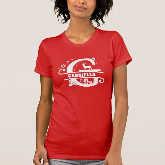 Camiseta Letra G Monograma de Natal Nome Inicial Vermelho (Frente)